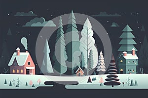 Christmas landscape in retro style for a greeting card