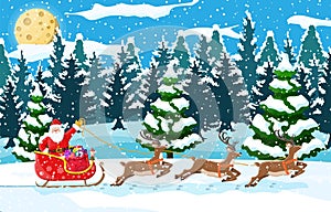 Christmas landscape. Santa rides reindeer sleigh