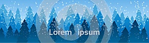 Christmas Landscape Snow Falling On Pine Trees Winter Horizontal Banner With Copy Space