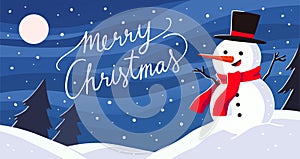 Christmas landscape with snowman on snow ground.