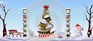 Christmas landscape, street decorations, garlands