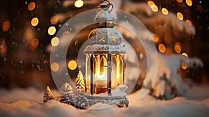 Christmas lantern with burning candle on blurred winter background with falling snow