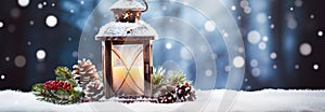Christmas lantern with burning candle, pine cones and fir branches on snow, panoramic banner