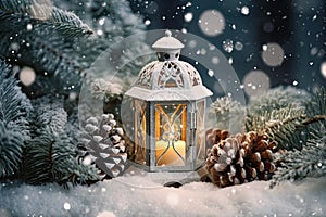 Christmas lantern with burning candle on winter background with falling snow. Generative AI