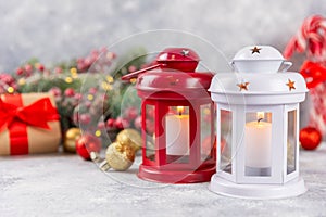 Christmas lantern with Christmas tree branch.