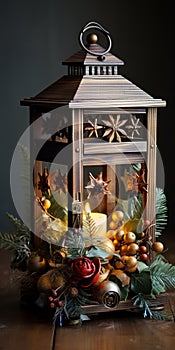 Christmas Lantern Decoration With Tree, Flowers, And Candles