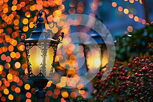 Christmas lantern glows amidst colorful tree backdrop, radiating holiday cheer