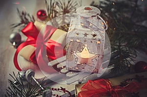 Christmas lantern. Magic lightning background.
