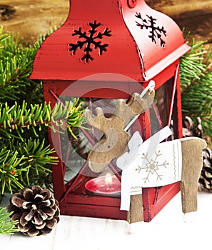 Christmas Lantern with Reindeer Wooden Decoration
