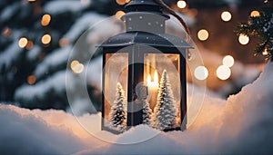 christmas lantern in the snow Christmas lantern in snow with fir tree. Winter cozy scene