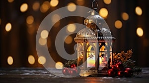 Christmas Lantern On Snow In Evening Scene