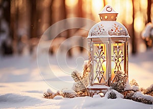 Christmas Lantern On Snow With Fir Branch