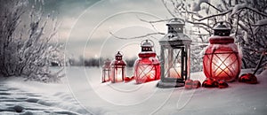 Christmas Lantern On Snow With Fir Branch and Baubles. Winter Decoration Background. Generative AI