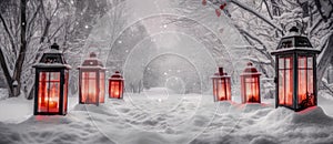 Christmas Lantern On Snow With Fir Branch and Baubles. Winter Decoration Background. Generative AI