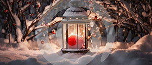 Christmas Lantern On Snow With Fir Branch and Baubles. Winter Decoration Background. Generative AI