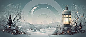 Christmas Lantern On Snow With Fir Branch and Baubles. Winter Decoration Background. Generative AI