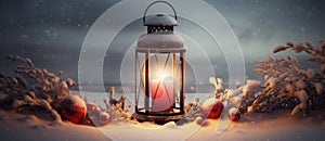 Christmas Lantern On Snow With Fir Branch and Baubles. Winter Decoration Background. Generative AI