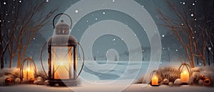 Christmas Lantern On Snow With Fir Branch and Baubles. Winter Decoration Background. Generative AI