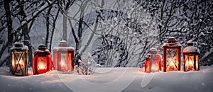 Christmas Lantern On Snow With Fir Branch and Baubles. Winter Decoration Background. Generative AI