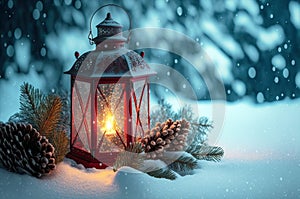 Christmas Lantern On Snow with Fir Branch In Evening Scene