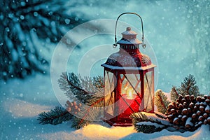 Christmas Lantern On Snow with Fir Branch In Evening Scene