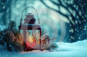 Christmas Lantern On Snow with Fir Branch In Evening Scene