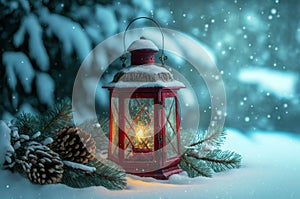 Christmas Lantern On Snow with Fir Branch In Evening Scene