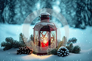 Christmas Lantern On Snow with Fir Branch In Evening Scene