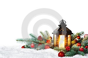 Christmas Lantern On Snow With Fir Branch isolated on white background - Winter Decoration Background