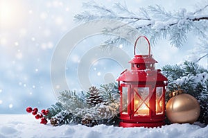 Christmas lantern in snow with fir tree branch