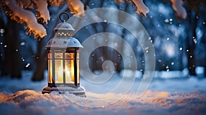 Christmas Lantern in snow with winter forest background. Ai Generative