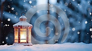 Christmas Lantern in snow with winter forest background. Ai Generative