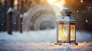 Christmas Lantern in snow with winter forest background. Ai Generative