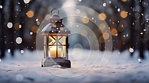 Christmas Lantern in snow with winter forest background. Ai Generative