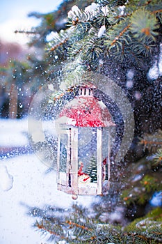 Christmas lantern with snowfall hanging on a fir