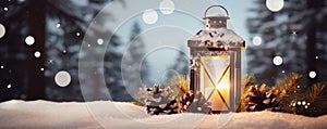 Christmas Lantern On Snowy Backdrop With Fir Branch Space For Text