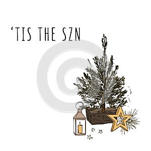 Christmas lanterns candles decoration with New Year holiday tree, gold star, jingle bells and Tis the Szn quote hand-drawn vector