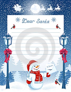 Christmas layout letter to Santa Claus with wish list and cartoon funny Snowman with envelope against winter forest background and
