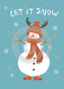 Christmas let it snow greeting card with cute snowman over blue background vector illustration