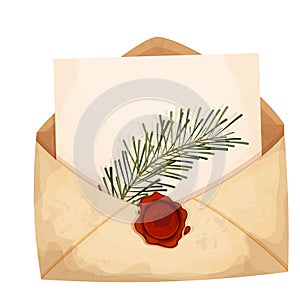 Christmas letter, envelope with empty paper and red wax seal with Santa, pine branch in cartoon style. Vintage, old