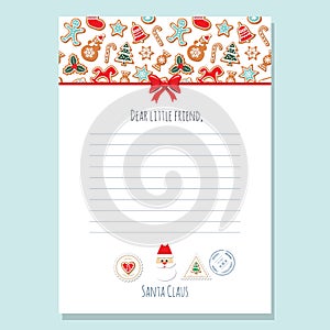 Christmas letter from Santa Claus template A4. Pattern with gingerbread cookies is full under clipping mask. Vector