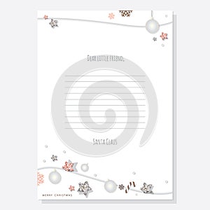 Christmas letter from Santa Claus template A4. Decorated with glitter stars and silver balls.