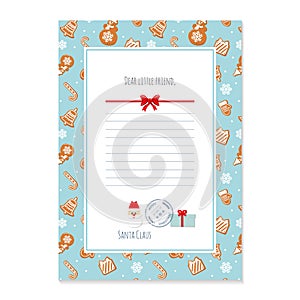 Christmas letter from Santa Claus template. layout in A4 size. Pattern with gingerbread cookies added in swatches.