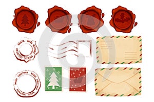 Christmas letter stamps ans postmark set with envelope, wax seal in cartoon style isolated on white background. Grunge