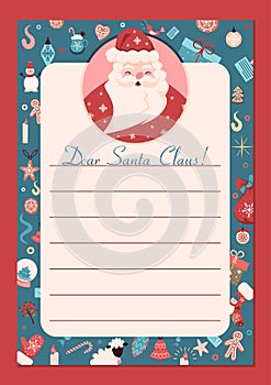 Christmas letter template for Santa Claus with a festive character, Christmas toys, gifts and decorations. Design for