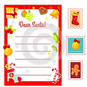 Christmas Letter to Santa Claus. Decorated Letter blank and postal stamps. New Year Holidays kit for children, kids, seasonal