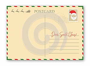 Christmas letter to Santa Claus. Vintage envelope, Christmas postcard template with Santa Claus, reindeer