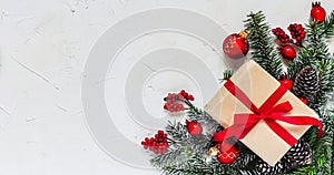 Christmas light background, fir branches with red berries
