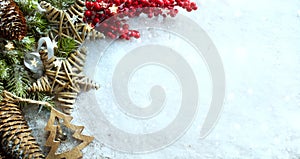 Christmas Light background. Xmas tree with snow decorated with g