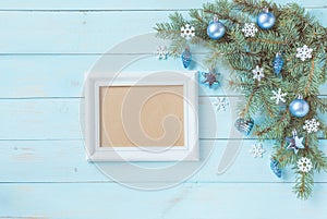 Christmas light blue background, frame for wishes, corner set.